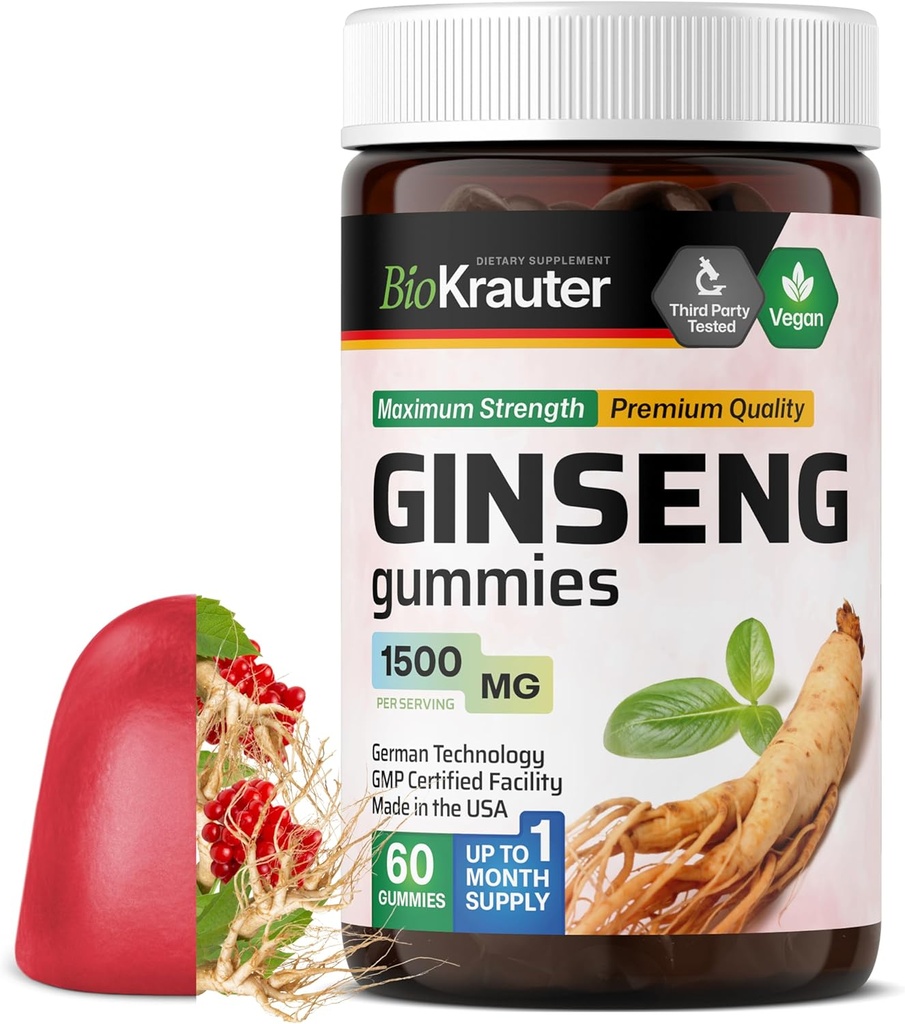 BIO KRAUTER Panax 인삼 구미 - 1500 mg 힘 - 60 조사 - Chewable 빨간 인삼 보충 - 면역 지원 구미 - Vegan, Pectin 기반, 비 GMO