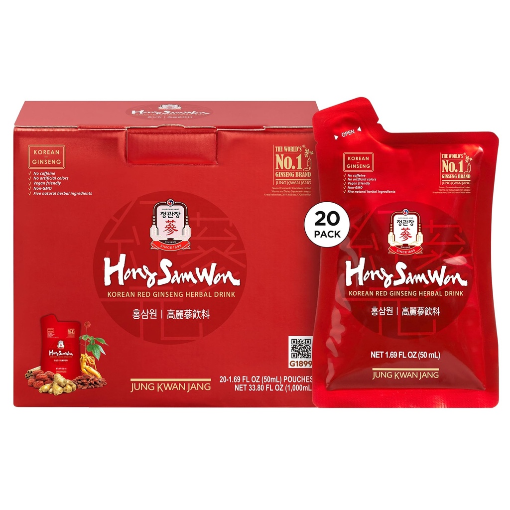 JUNG KWAN JANG Hong Sam Won Korean Red Ginseng Drink | 에너지 음료, 사전 운동, 허브티, 인삼 보충 | Jujube, Ginger, Cinnamon, Goji Berry | Vegan Friendly (20 Count)