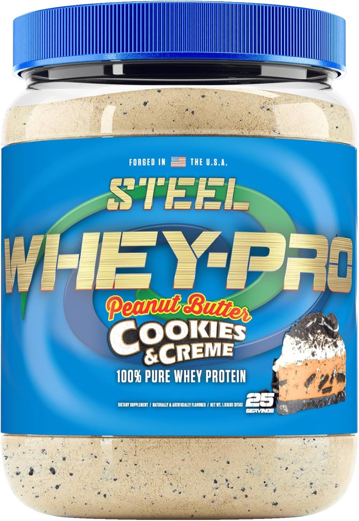 강철 보충제 Whey-Pro | 남성과 여성을위한 호이 단백질 분말 | 땅콩 버터 쿠키 및 크림 | 25 서빙 (1.82lbs) | BCAA 아미노산 | 필수 아미노산 | 글루텐 무료 | 낮은 캐비넷