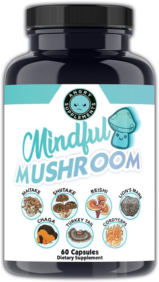 Angry 보충 Mindful 버섯 캡슐 - Maitake, Shiitake, Reishi, Turkey Tail, Cordyceps, Lions Mane 및 Chaga Mushrooms (60ct)의 7in1 프리미엄 건강 샴푸 혼합