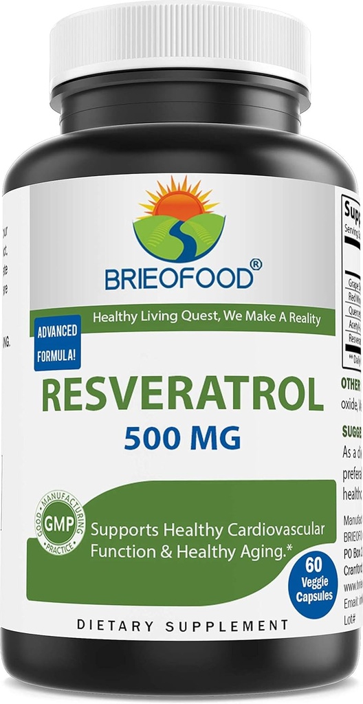 Brieofood Resveratrol 500mg - 심장 혈관 & 면역 체계 건강을 위한 자연적인 산화 방지제 보충교재 - 60의 Veggie 캡슐