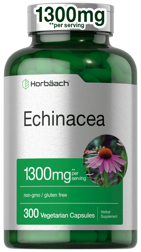 Horbäach Echinacea 추출 캡슐 1300mg | 300 개 | Vegan, Non-GMO, 글루텐 무료 보충