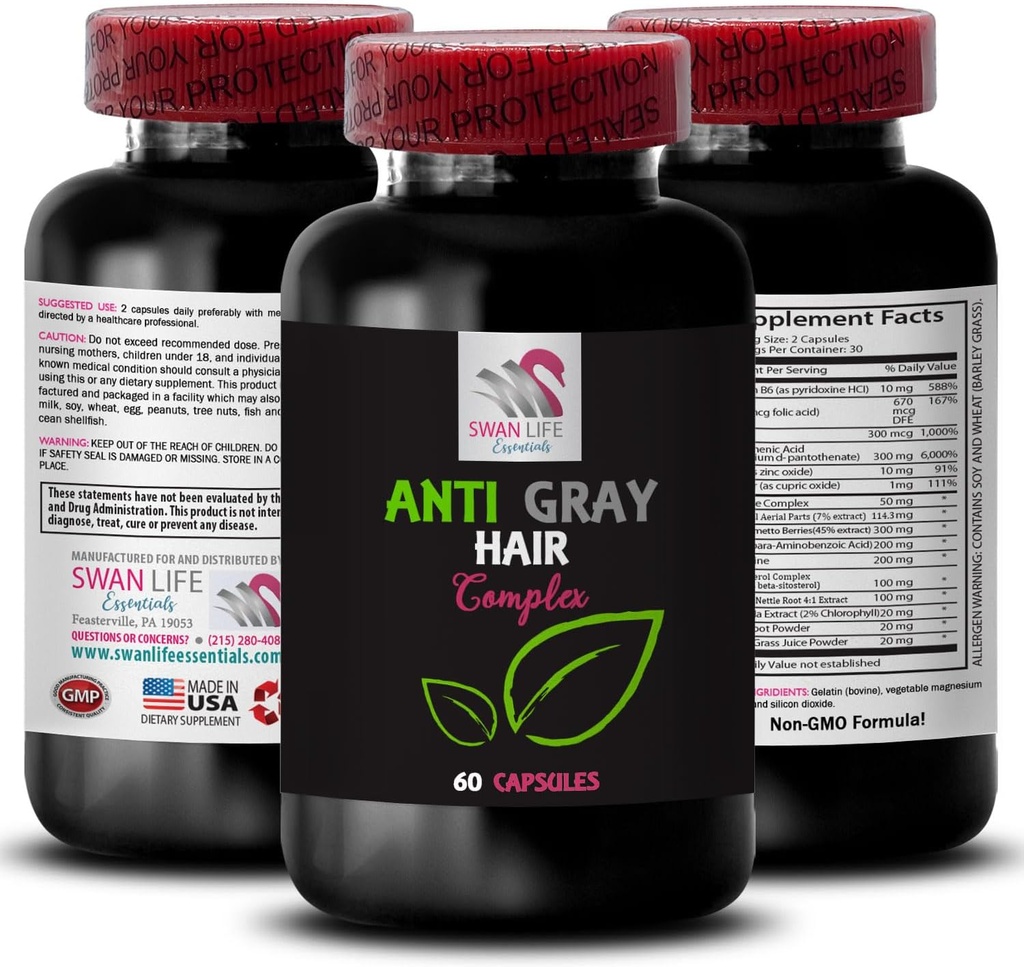 안티 그레이 헤어 알약 - ANTI GRAY HAIR COMPLEX - 색상 활력, 회색 헤어 케어, 신선한 톤, 비 향기 색상, 안티 그레이 헤어 보충, 헤어 그늘 제어, 청소년보기 1 병 60 캡슐