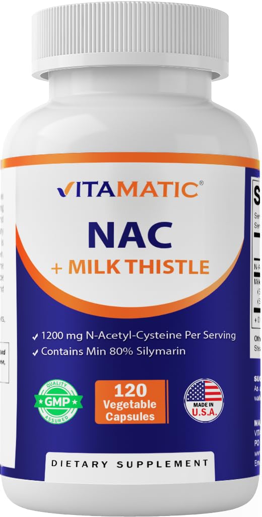 Vitamatic NAC 보충교재 N-Acetyl-L-Cysteine (NAC) 우유 이틀 50:1 추출물 - 지원 면역, 호흡기, 간 건강, 서빙 당 1200 mg, 120 Veg 캡슐