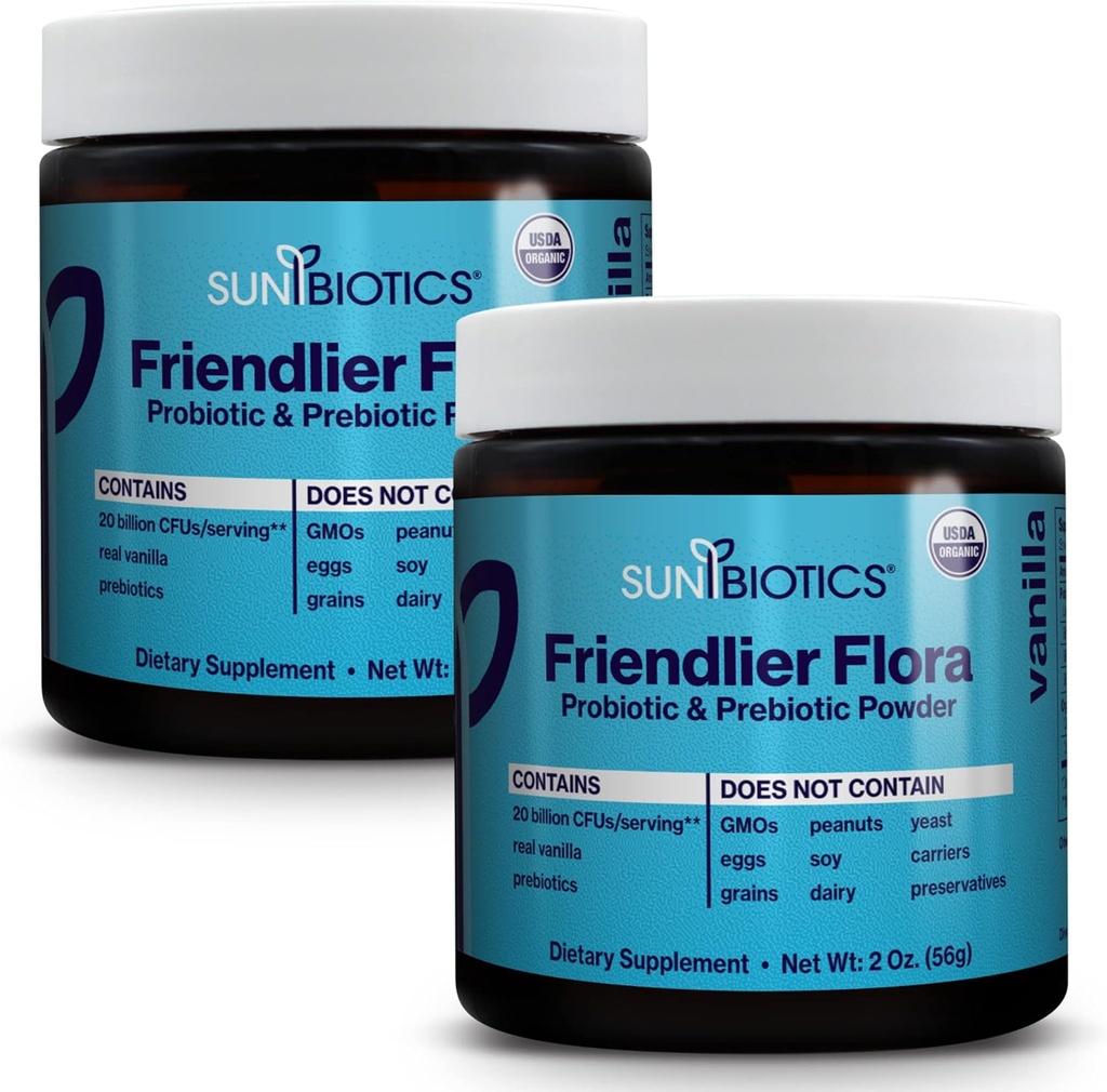 SUNBIOTICS Friendlier Flora - 좋은 Gut Flora, Immune System & Balanced Microbiome을위한 4 Probiotic Strains의 20 억 CFU를 가진 여성 및 남성을위한 Prebiotic & Probiotic 파우더 - 바닐라, (팩 2)