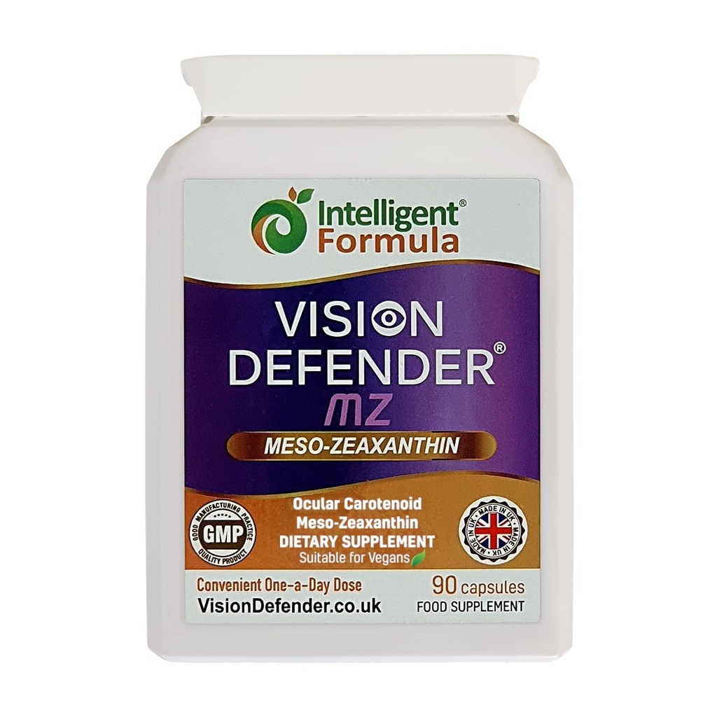 Vision Defender Meso Zeaxanthin Vegan Eye Supplement MZ- Protect and improve Ocular Health & Eye Care, 고강도 산화 Carotenoid Meso-Zeaxanthin for Eyes (90 캡슐 / 일) 영국에서 만든