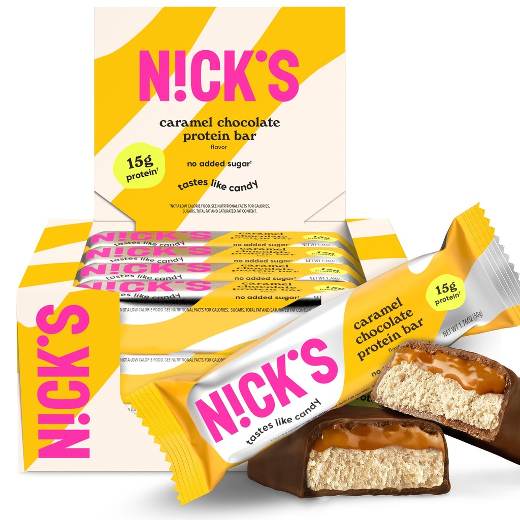 Nick 's Chocolate Caramel Protein Bars - 12-Count Box | 고단백, 저 칼로리, 저탄소, 케토 친화적, 설탕 없음