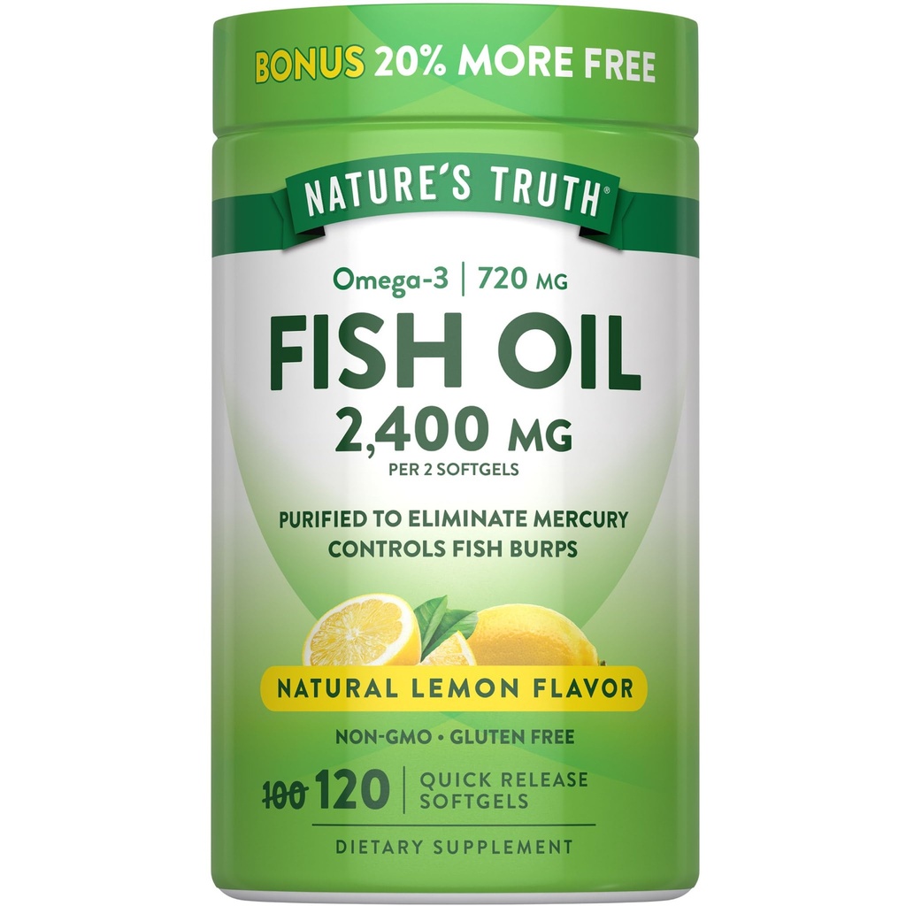 자연의 진실 물고기 기름 2400mg | 120 빠른 방출 Softgels | 720 mg Omega 3 | Burpless 레몬 풍미 알약 | Non-GMO & 글루텐 자유로운 보충교재