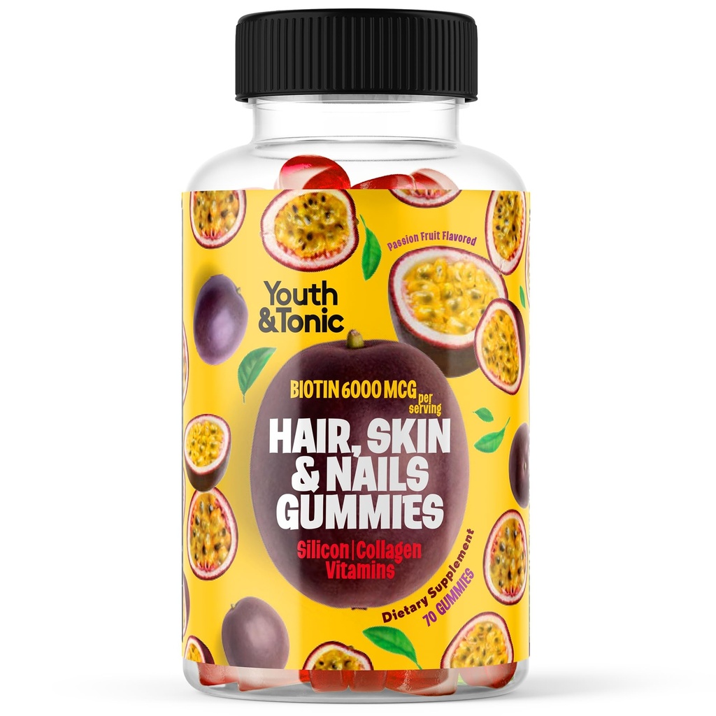 70 Hair Gummies Biotin 6000mcg 교원질 실리콘 PABA & Multivitamins | 여성을 위한 머리 피부와 못 비타민 거미 | B Complex Folic 산 400mcg 비타민 A C D E & 머리 성장을 위한 아연 | Pectin-Based