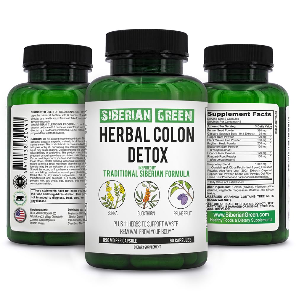 Senna Buckthorn Prune Fruit 90 캡슐 인 Siberian Green Herbal Colon Detox - 전통 Siberian Formula 14 허브 및 Probiotic to Cleanse Colon 및 Detox Body