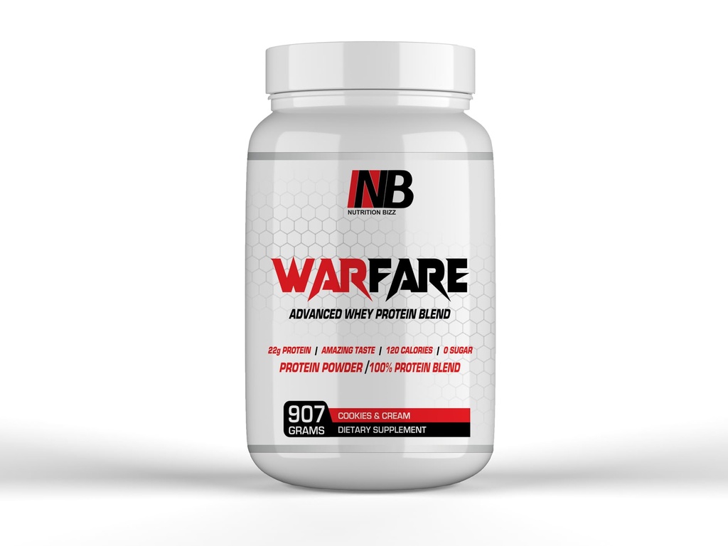 Warfare 2 lbs 고급 Whey Protein Blend 22g Protein per 서빙 놀라운 맛 (2 파운드, 쿠키 및 크림)