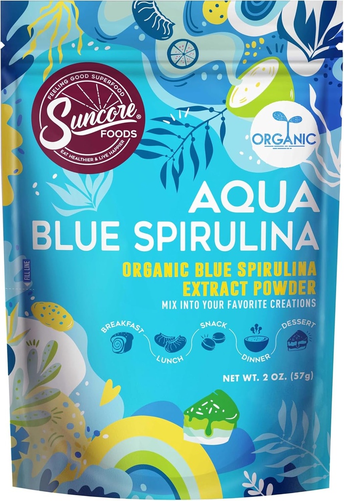 Suncore 음식 유기 물 파란 Spirulina 분말, 2개 oz (1개의 부대), 글루텐 자유로운, 비 GMO, 음식 착색, 베이킹, 음료, 매끄러운 및 더 많은 것을 위해 완벽한 식물 기초를 두어