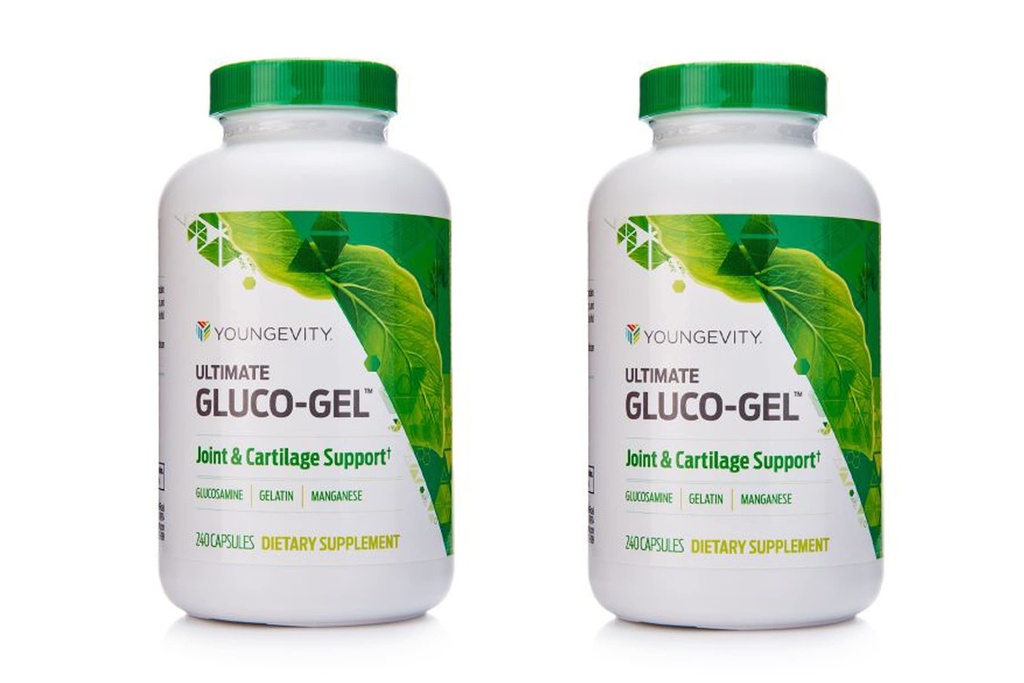 Youngevity Ultimate Gluco-Gel - 공동, Tendons, Bones & Cartilage | Glucosamine, 젤라틴 및 망간 | 240 캡슐 | 2 병
