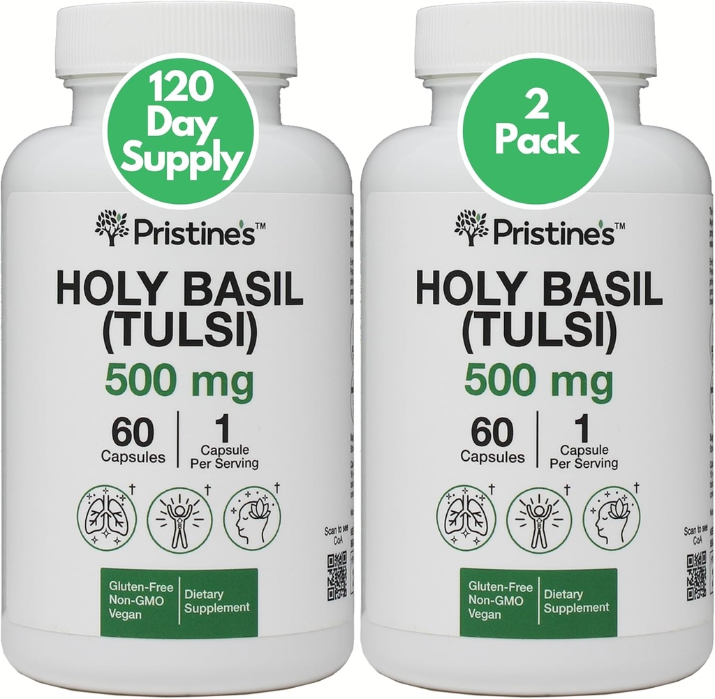 PRISTINE'S Holy Basil (Tulsi) 500 mg (2 팩) Relaxation & Immunity Support Adaptogen Supplement - 120 일 공급 - Holy Basil Leaf Capsules - Vegan - Non-GMO - 글루텐 무료 보충제
