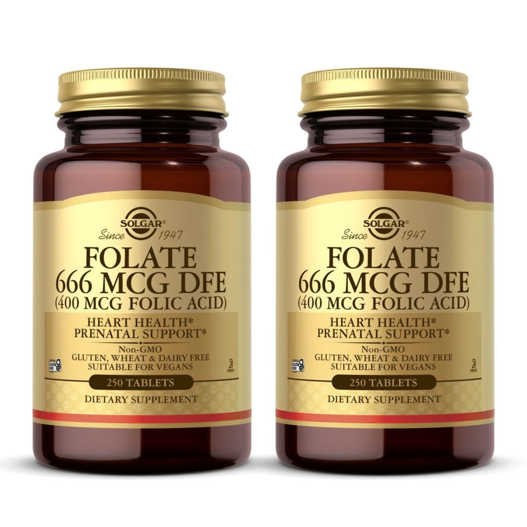 Solgar Folate 666 mcg DFE (Folic Acid 400 mcg) - 250 정제, 2 팩 - Prenatal Support - Non-GMO, Vegan, Gluten Free, Dairy Free, Kosher - 500 총 서빙