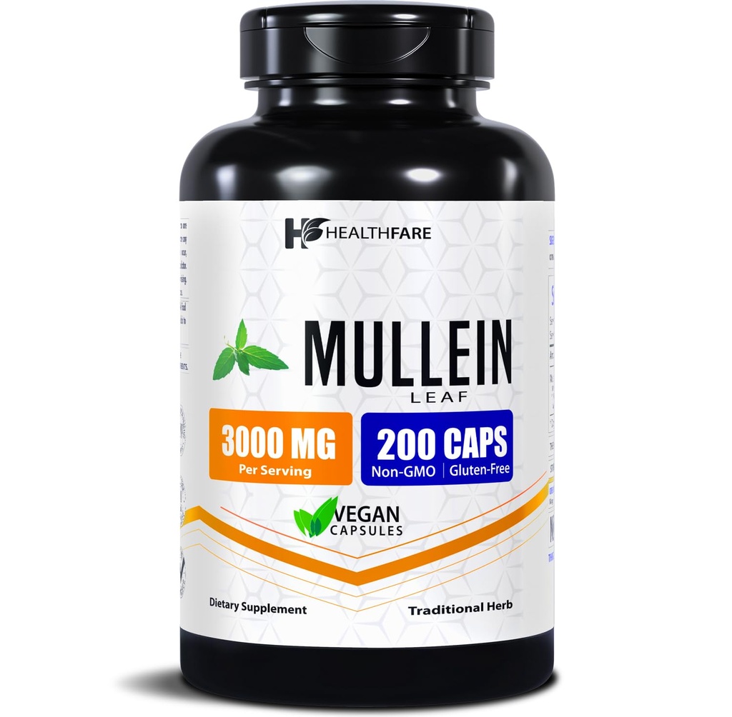 Healthfare Mullein 잎 추출물 3000mg | 200 Vegan 캡슐 | 여분의 힘 초본 보충교재 | 지원 웰빙 & 균형 | 비 GMO, 글루텐 자유로운 | 미국에서 만드는