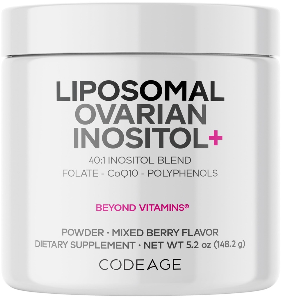 Codeage Liposomal Ovarian Inositol 분말 - Myo-Inositol & D-Chiro-Inositol 40 : 1 혼합, Folate 5-MTHF, CoQ10, Pomegranate & Wild Blueberry - 2 개월 공급 - 혼합 Berry 풍미 - Non-GMO, 60 서빙