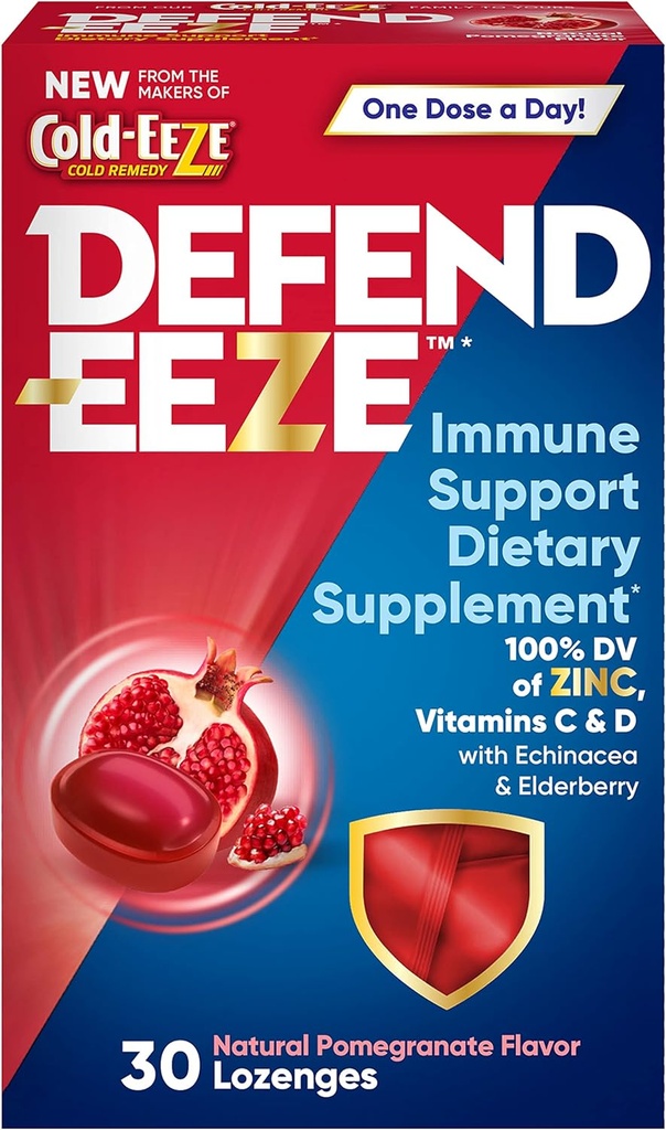 방어 EEZE 면역 지원 규정식 보충교재 Lozenges, 아연의 100% 매일 가치, Echinacea & Elderberry, 석류 풍미, 30 Lozenges와 더불어 복용량 당 비타민 C & D,
