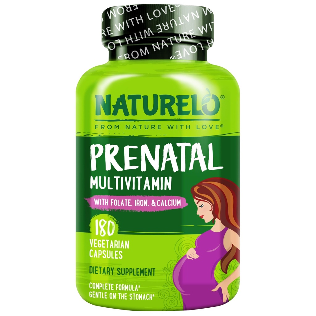 NATURELO Prenatal Multivitamin with Gentle Chelated Iron, 메틸 Folate, 식물 칼슘 & Choline - 채식주의, 채식주의 - 비 GMO - 글루텐 무료 - 180 캡슐 - 2 개월 공급