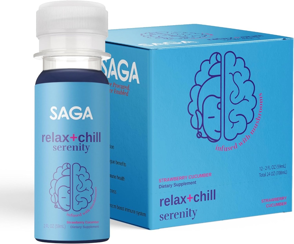SAGA Organic Relaxation Shots | Adaptogens & Mushrooms - Lion's Mane & Kava | 높은 생체 이용 가능 및 빠른 Onset | Elevate Mood & Reduce Fatigue | Strawberry Cucumber 2oz Shots (12-Pack)