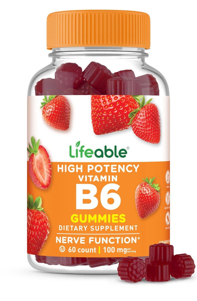 생분해성 비타민 B6 구미 | 100mg | 그레이트 타스팅 VIT B6 보충 | 생분해성 비타민 B6 지원 보충교재 | 비타민 B6 성인, 남성, 여성| 60 구미