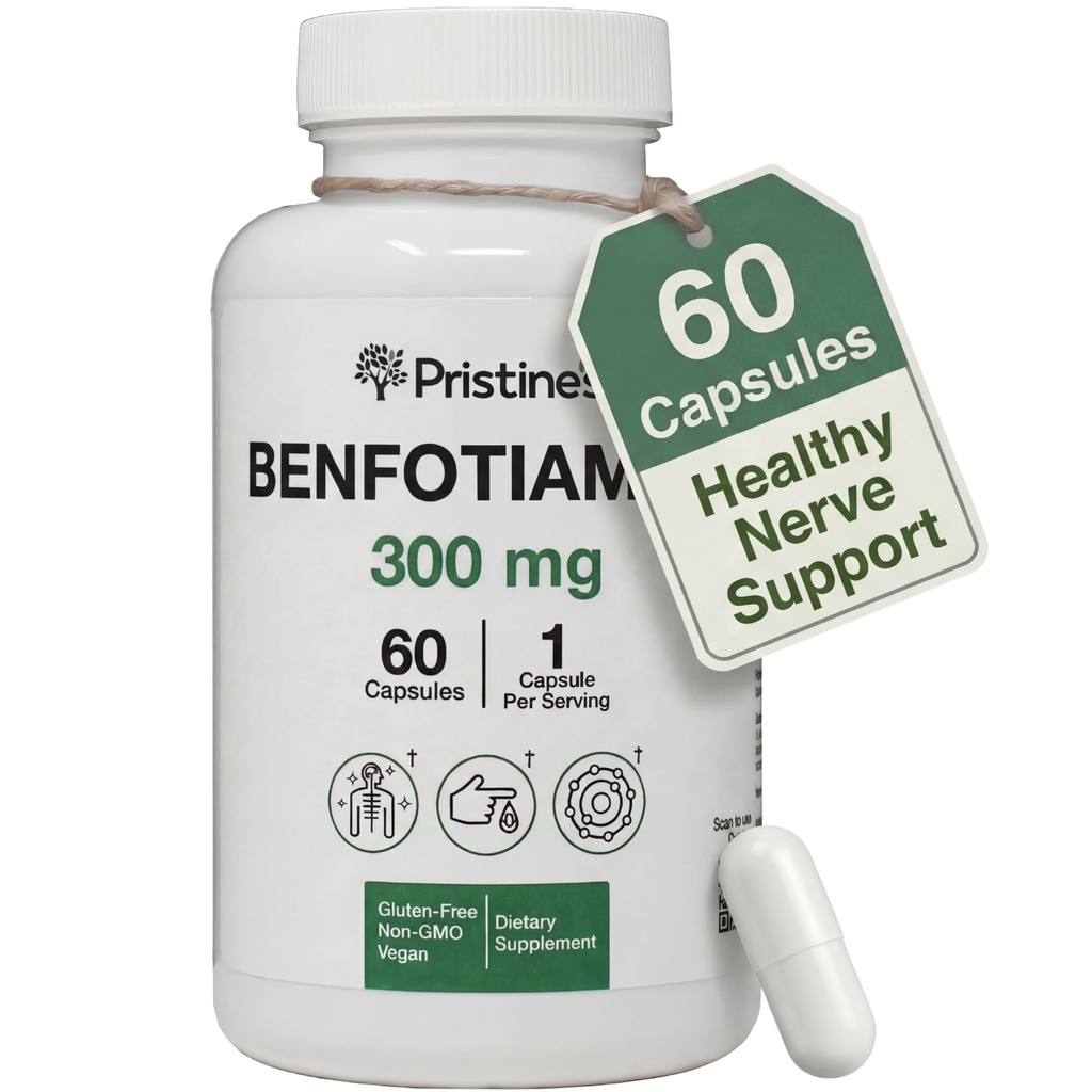 PRISTINE'S Benfotiamine 300mg 높은 생물 분해성 Nerve 지원 보충교재 - 60 일 공급 - 지방 수용성 비타민 B1 보충교재 - Vegan - Non-GMO