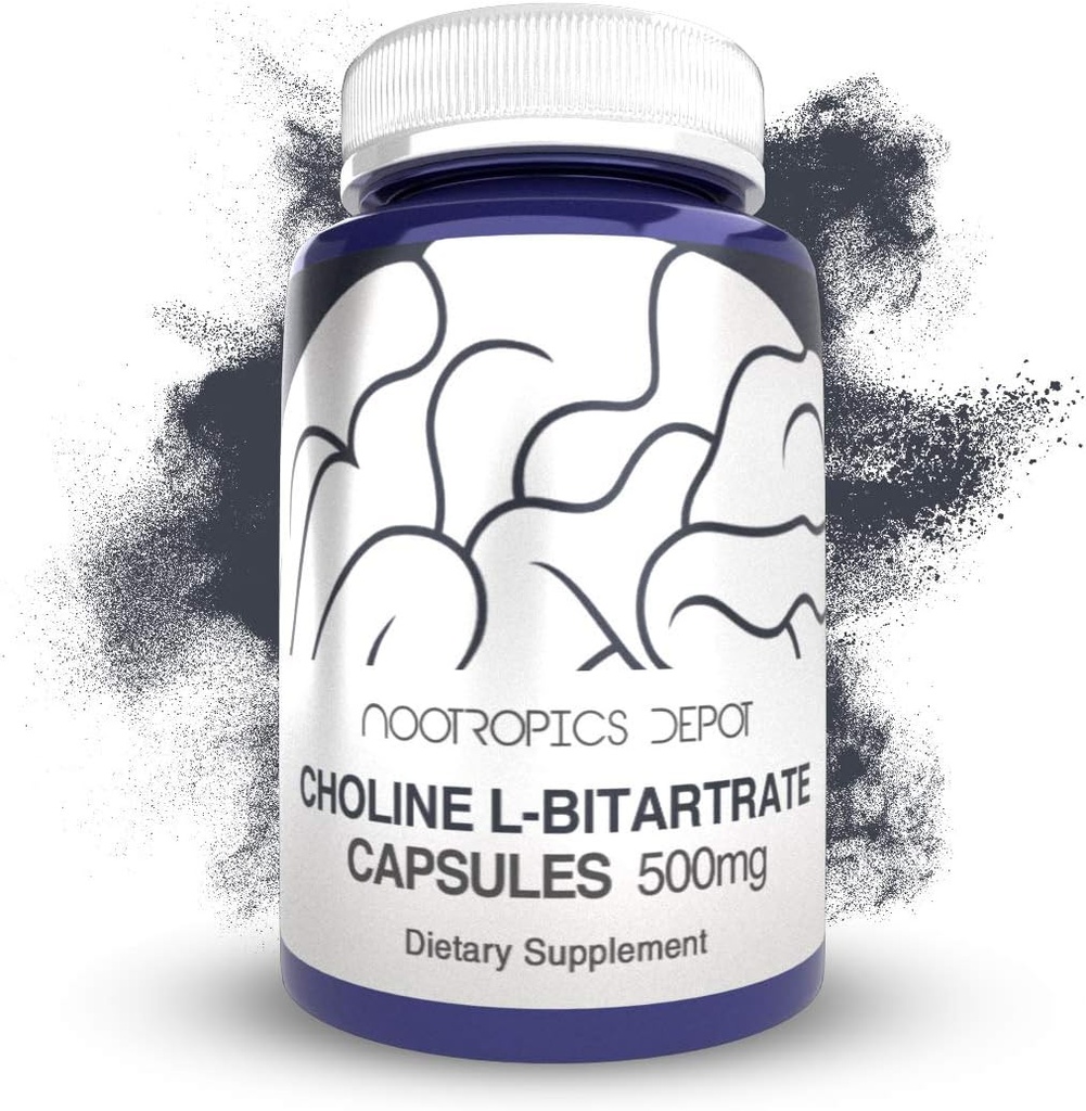 Choline L-Bitartrate 캡슐 500mg (180 카운트) | Choline Supplement | Cognitive Function, Mental Performance 및 Physical Endurance 지원