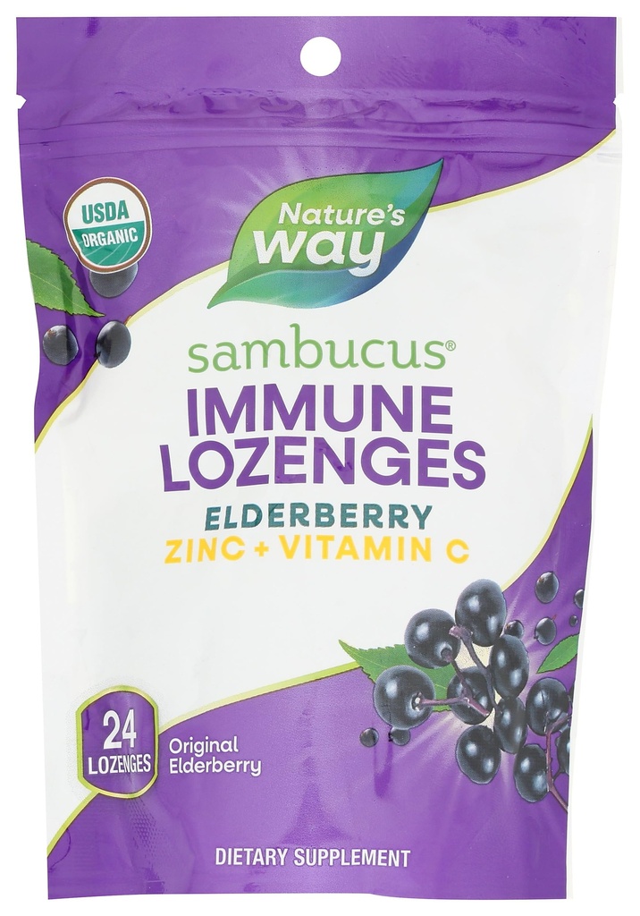 Nature's Way Sambucus Immune Lozenges, 아연 + 비타민 C, 블랙 엘더베리 추출물, USDA 인증 유기, 오리지널 베리 맛, 24 Lozenges (패키지 May Vary)