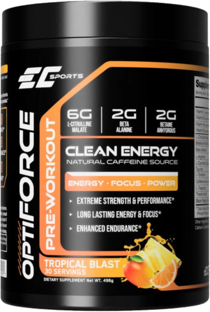 EC 스포츠 OptiForce Pre-Workout Tropical Blast Supplement Powder - Clean Energy & Natural Caffeine w/Long-Lasting Endurance 및 Focus - 30 서빙