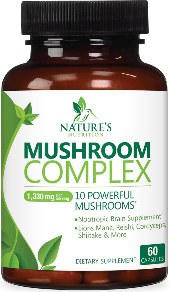 버섯 뇌 보충교재 1330 mg - 사자 Mane, 터키 꼬리, Reishi, Cordyceps, Chaga & Brain Nootropic Complex를 가진 1개의 고강도 버섯 복합물에서 10 & 초점 지원 - 60의 캡슐