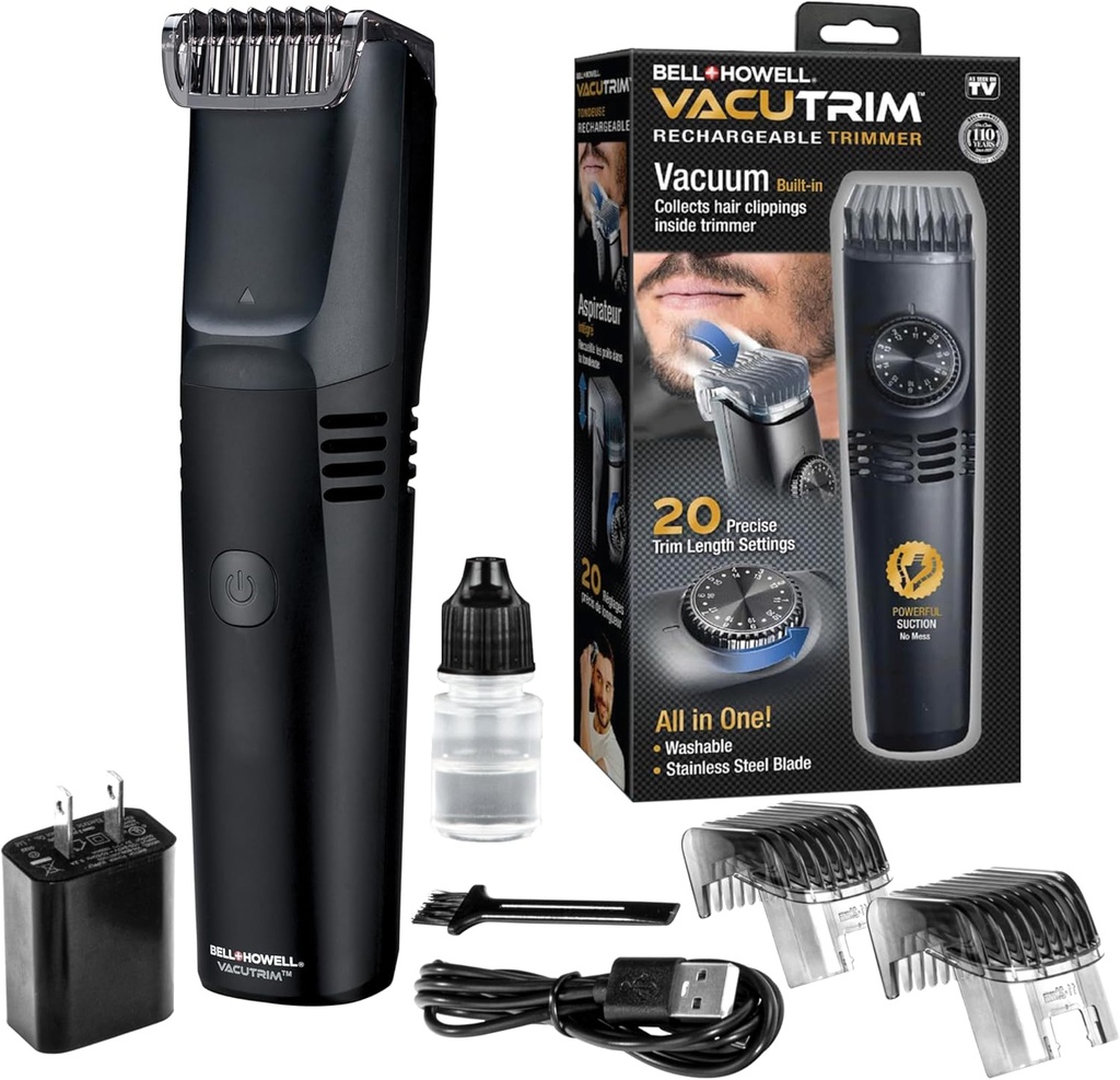 Vacutrim Cordless Mens Beard Trimmer, 충전식 전기 면도기 20 트림 설정 캘리브레이션 다이얼 및 내장 진공 머스시, Sideburns. 얼굴의 머리, 검정, 7.5", TV에 Seen