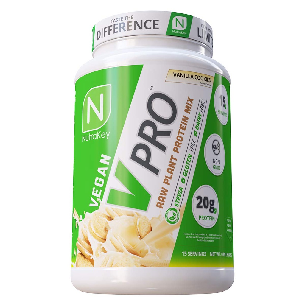NutraKey V-Pro, 익지않는 식물 단백질 분말, 유기, Vegan, 낮은 Carb의 단백질 (Vanilla 과자)의 20g로 글루텐 자유로운 1.78-Pound.