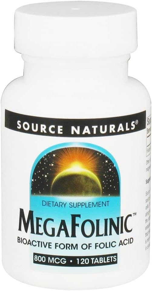 Source Naturals MegaFolinic 800mcg Bioactive Folic 산, 뇌 및 세포 건강 - 120 정제