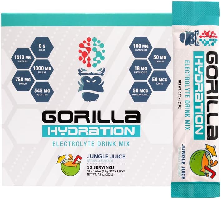 Gorilla Mind Hydration Packets - 3,073mg 포괄적인 보충을위한 편리한 음료 혼합 - Zero Sugar, Naturally Sweetened & Fasting Friendly - 30 Count (Jungle Juice)