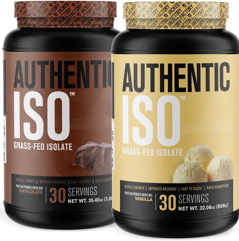 Jacked Factory Authentic ISO Grass Fed Whey Protein Isolate Powder - 낮은 Carb, Non-GMO 근육 건물 단백질 w / 필러 없음 (Chocolate, 30sv) 및 (Vanilla, 30sv)