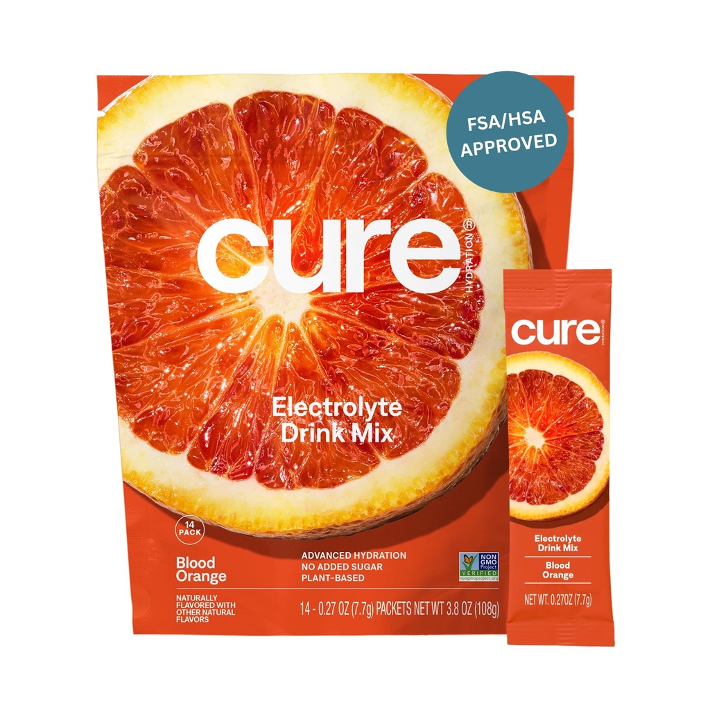 Cure Hydration | 식물 기반 전해질 음료 믹스 | 추가 설탕 | FSA-HSA | 코코넛 워터로 만든 탈수 릴리프 파우더 | 비 GMO | Vegan | 파우치 14개