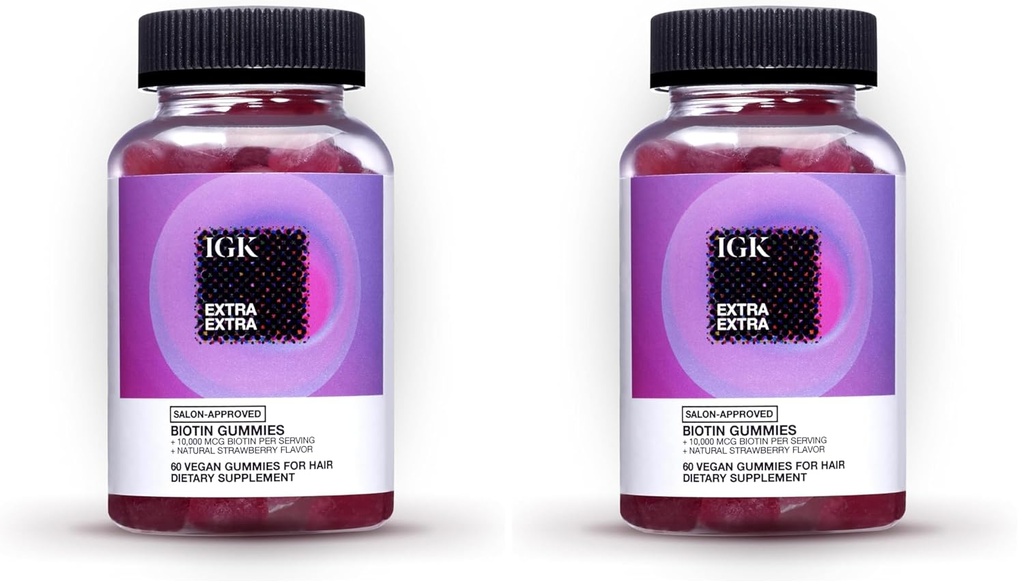 IGK Biotin 머리 Gummies 10,000mcg Biotin (60 조사), 딸기 맛, 건강한 머리, 피부 & 못, Vegan를 위한 머리 성장 보충교재 Gummies, 도움 전투 탈모 & 희게하는 (2의 포장)