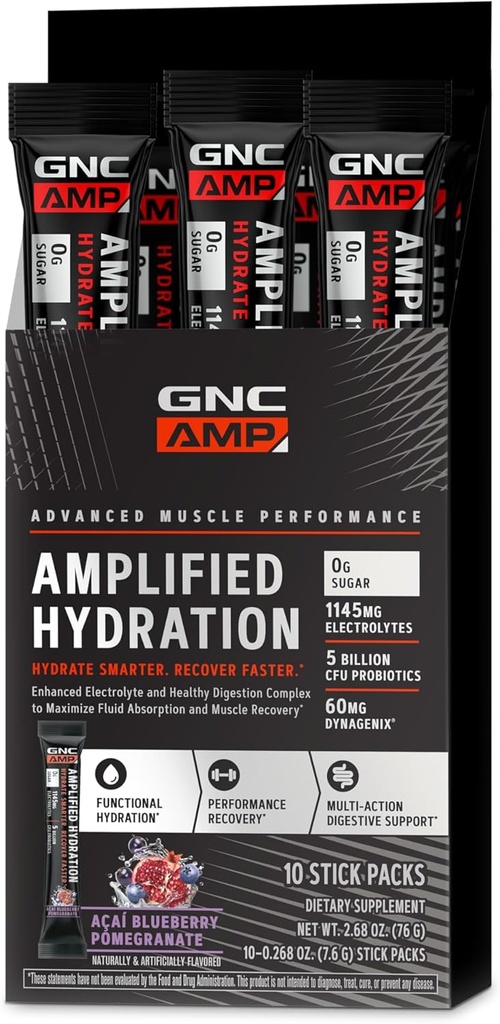GNC AMP Amplified Hydration Electrolyte Powder Drink Mix | 향상된 전동 및 건강한 소화 복합재 | Acai Blueberry Pomegranate | 10 개