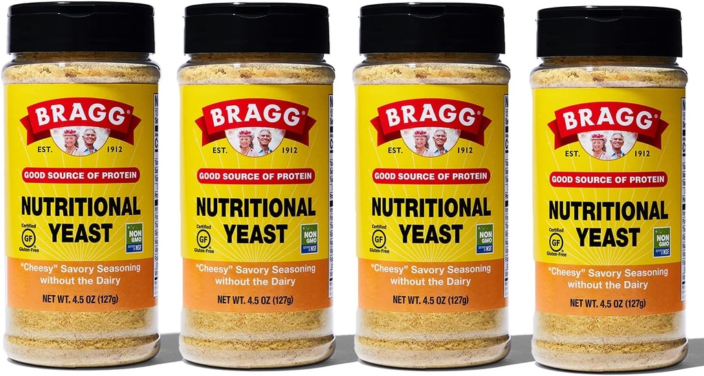 Bragg Nutritional Yeast Seasoning – Vegan, Gluten Free Cheese Flakes – 단백질 및 비타민의 좋은 소스 – 영양성 Savory Parmesan Cheese Substitute – 비 GMO Verified, 4.5 Ounce, 4-Pack