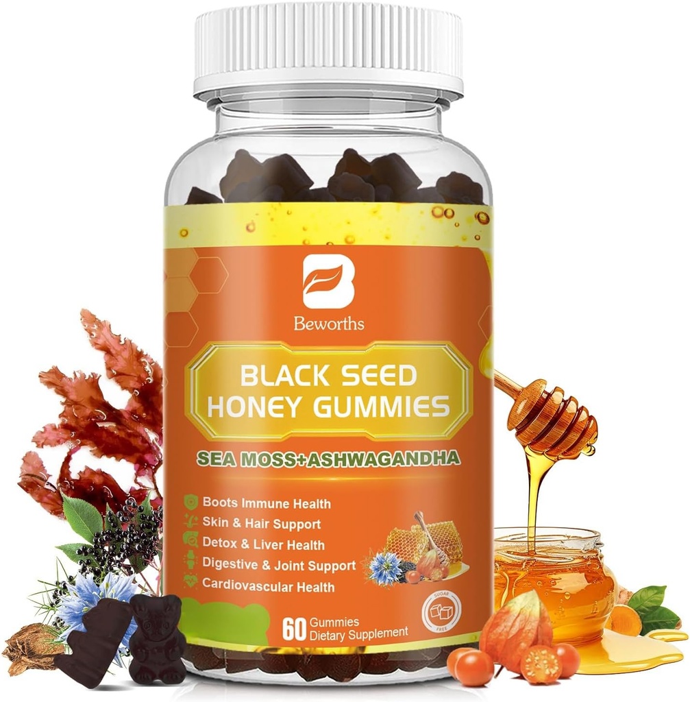 Ashwagandha, Burdock Root, Linden Honey, Elderberry, Turmeric, 비타민 C, D3 및 아연과 검은 씨앗 오일 시 Moss Gummies - Immunity, Joint, Digestion, Hair & Skin, Vegan Gummies 60 카운트 지원