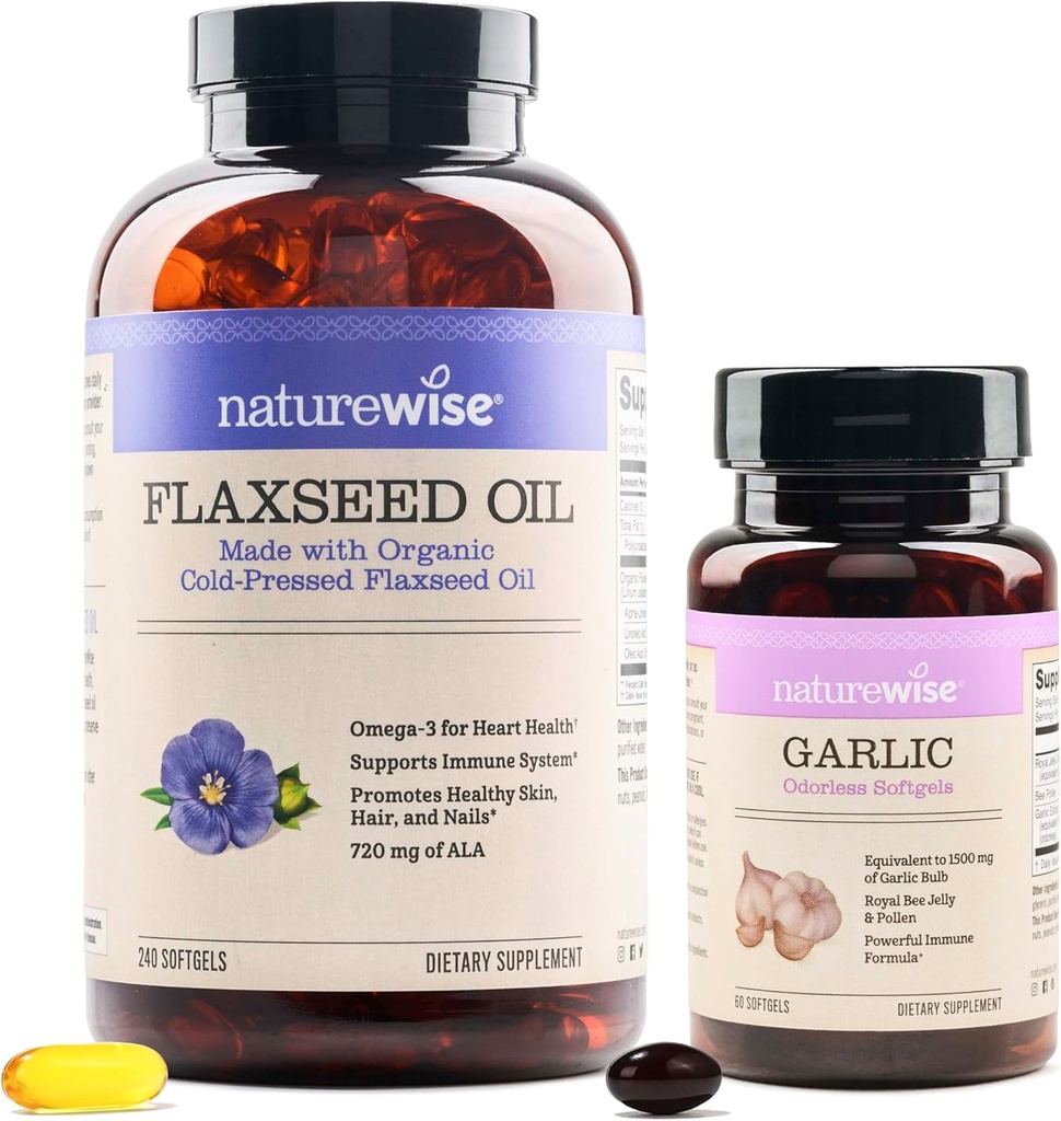 NatureWise 유기 Flaxseed 기름 최대 720mg ALA | 가장 높은 힘 Flax 기름 Omega 3 마늘 무취 Softgels 1500mg 지원 치아 & 면역 체계 건강