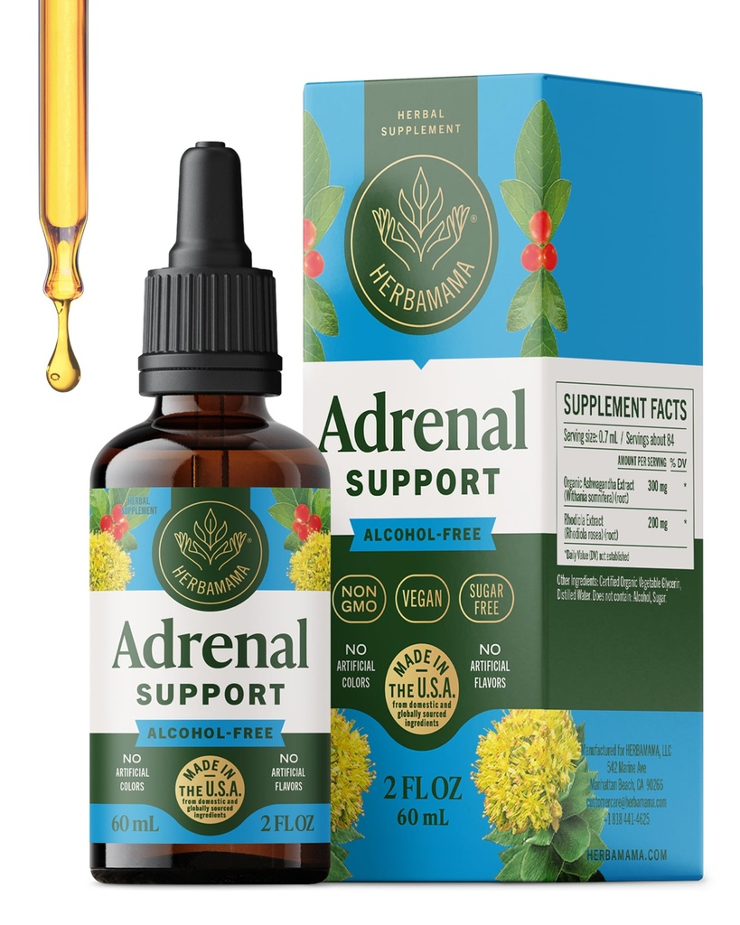 HERBAMAMA Adrenal 지원 액체 하락 - Ashwagandha 뿌리 & Rhodiola Rosea 추출물을 가진 Vegan Adrenal Tincture - 비 GMO, 알콜 & 설탕 자유로운 보충교재 - 28 일 공급
