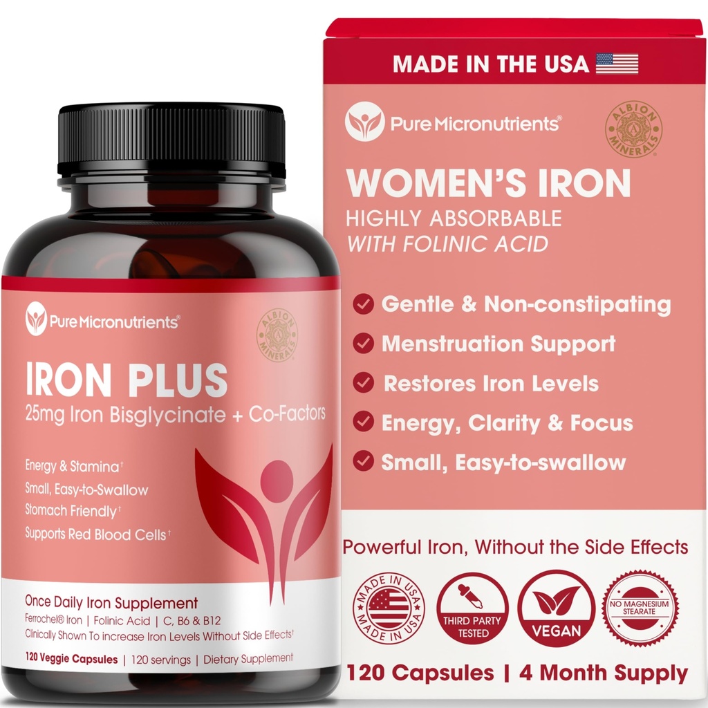 여성을위한 철 보충 - Gentle Chelate Iron Bisglycinate 25mg 비타민 C, B6, B12 Folic Acid - 지원 Iron Deficiency, Menstrual Health & Energy - 120 조사