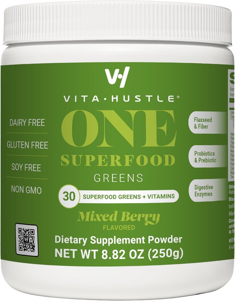 VitaHustle One Superfood Super Greens Powder with Prebiotics + Probiotics, Bloating, Detox, Gut Health, Spirulina, Chlorella, 소화 효소 (베리 맛, 25 서빙)