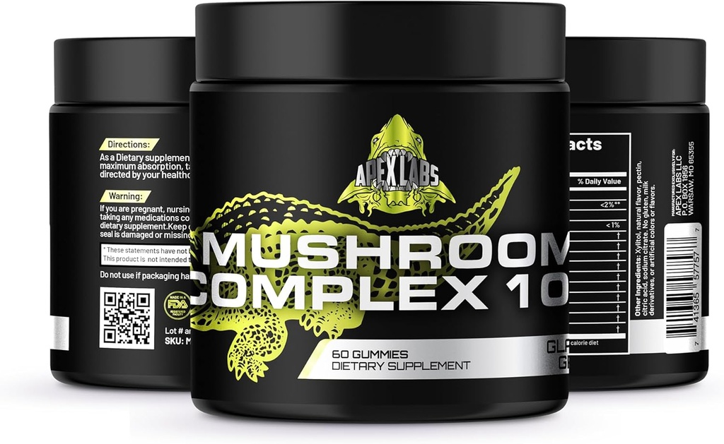 버섯 Gummies 10-in-1 버섯 혼합 | 터키 꼬리, Reishi, Chaga, Cordyceps, Maitake 및 기타가있는 사자 Mane 보충 | 지원 Cognitive 기능, 면역 건강 및 에너지 60ct
