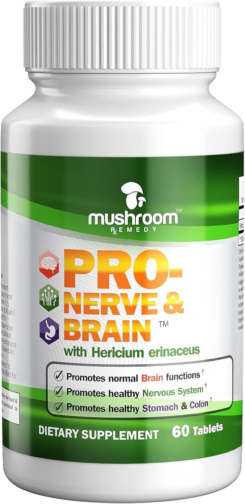 PRO-Nerve & Brain | Memory, Nervous System, Stomach, Colon, Digestive Tract, Clinically Studied Lion’s Mane Mushroom Extract, Vegan, Non-GMO, USA Made, 60 Tablet에 대한 모든 자연 초본 보충