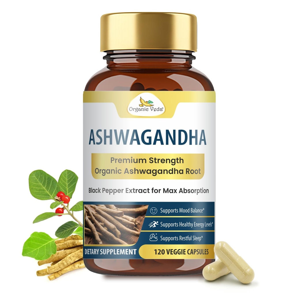 유기 Veda Ashwagandha 캡슐, 2000mg - 100% 최대 흡수를 위한 까만 고추 추출물을 가진 순수한 Ashwagandha 뿌리 보충교재 - 부스트 에너지, Adrenal, Immunity & Mood - Vegan - 120 조사