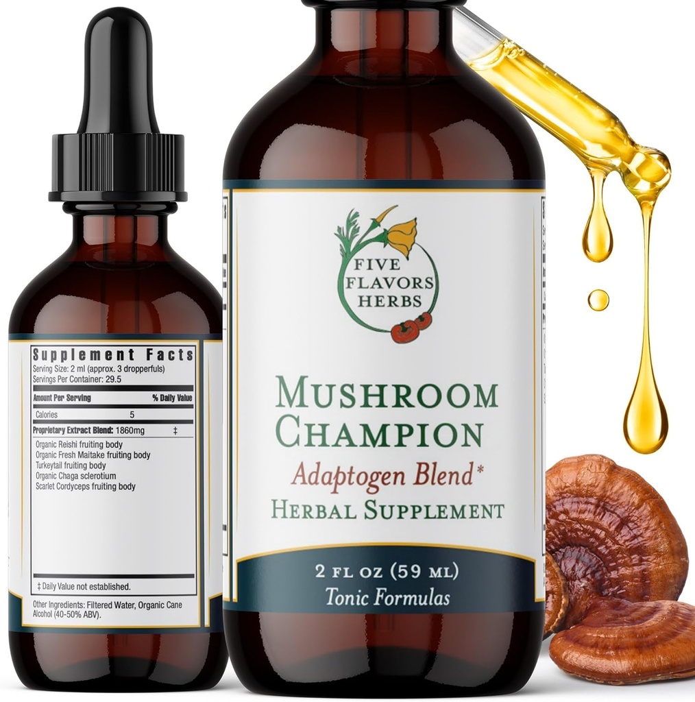 버섯 챔피언 공 - 대사 지원, 면역 지원, 호흡 지원, Adaptogen 혼합, Tonic 공식, Reishi, Maitake, 초본 보충 - 2 Fl Oz