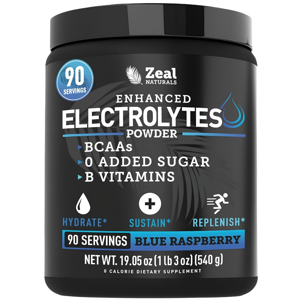 Zeal Naturals Electrolyte Powder Recovery 음료 (90 인분 | 블루 라즈베리) w 0 Sugar +BCAAs +B-Vitamins Electrolyte Supplement w Potassium 아연 및 마그네슘 - Keto Electrolytes