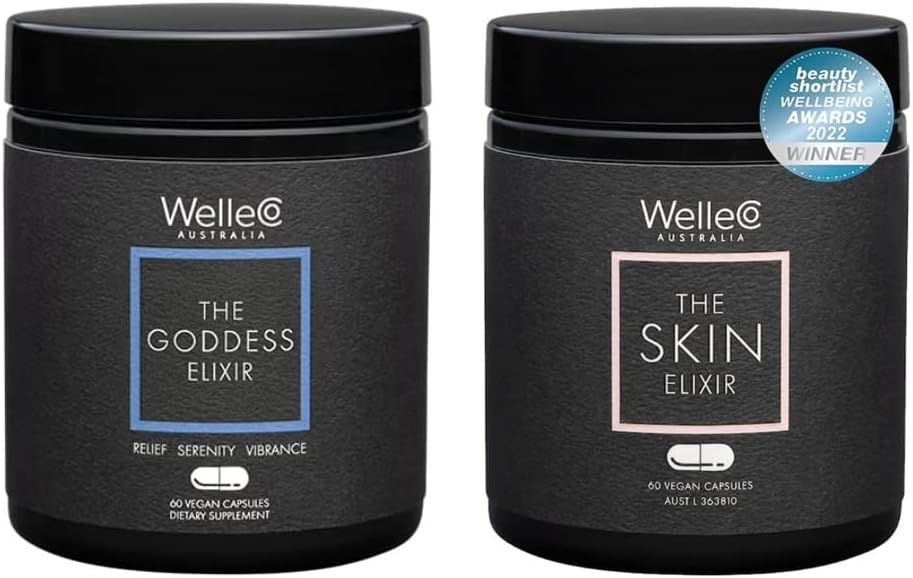 WelleCo는 여신 Elixir와 피부 Elixir 번들 | Menopause 보충교재, 호르몬 균형, 도움 밤 땀과 뜨거운 섬광 | 치유, 펌웨어 및 탄력성을 위한 교원질 형성 지원